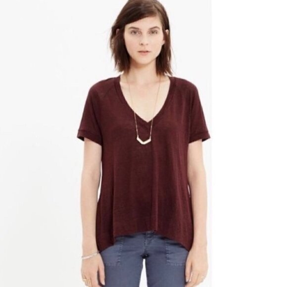 Madewell Swingline T-Shirt M Linen V-Neck Tee Burnout Brown Summer Breathable - Picture 1 of 8